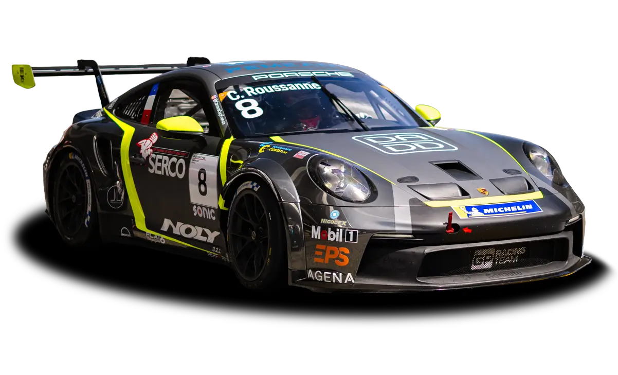 Porsche 992 GT3 Cup numéro 8 du pilote Charles Roussanne, écurie GP Racing Team, engagée en catégorie Pro de la Porsche Carrera Cup France 2026