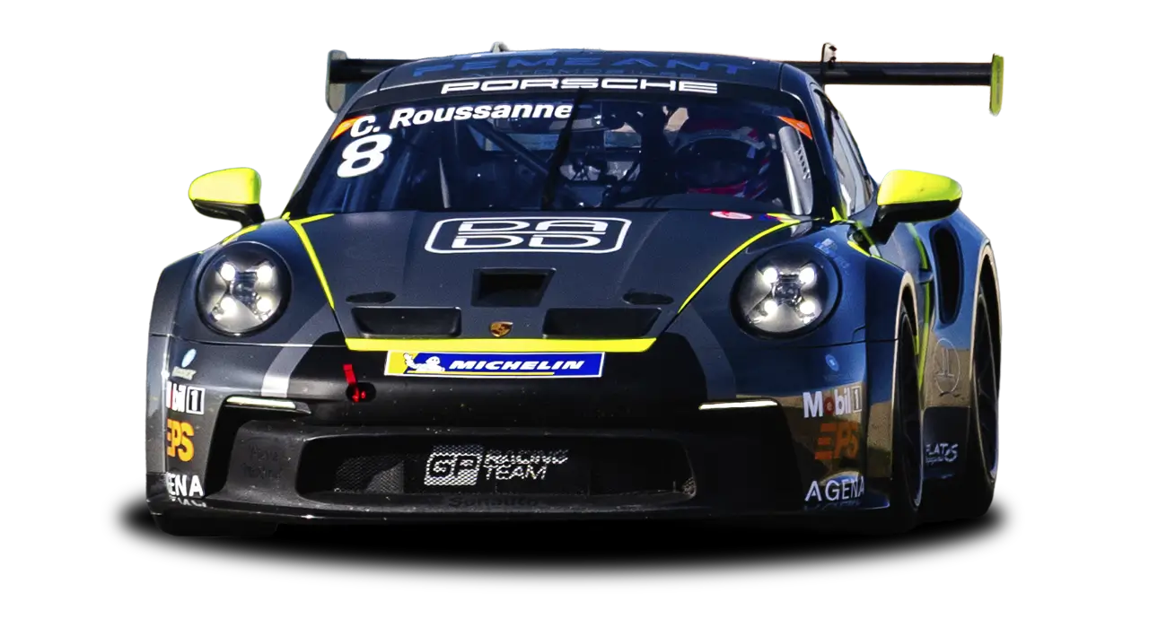Porsche 992 GT3 Cup numéro 8 pilotée par Charles Roussanne pour GP Racing Team, engagée sur la saison 2026 du championnat Porsche Carrera Cup France